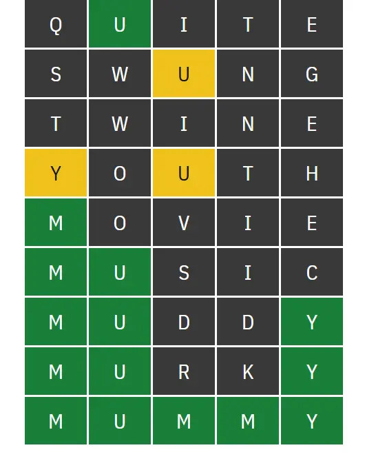 Absurdle guesses from QUITE to MUMMY, with green, yellow and grey feedback
