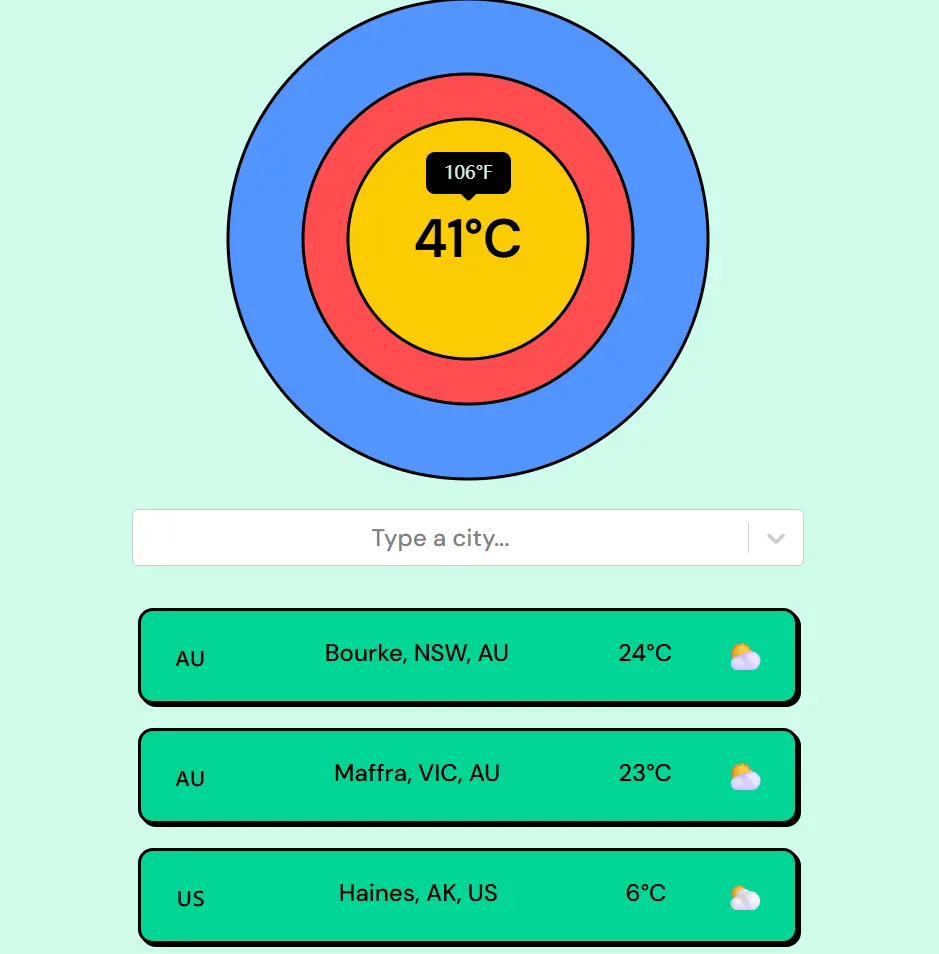 Weather Darts city guesses showing Bourke, Maffra and Haines with 41 degrees Celsius remaining